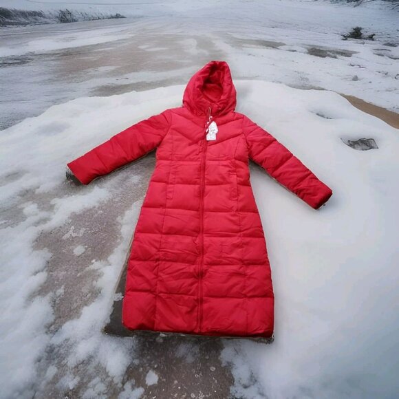 Linshambo Jackets & Blazers - ✅Hooded Red Puffer Jacket Knee Length Zip Up Winter Coat Women's M *SEAM SPLIT*